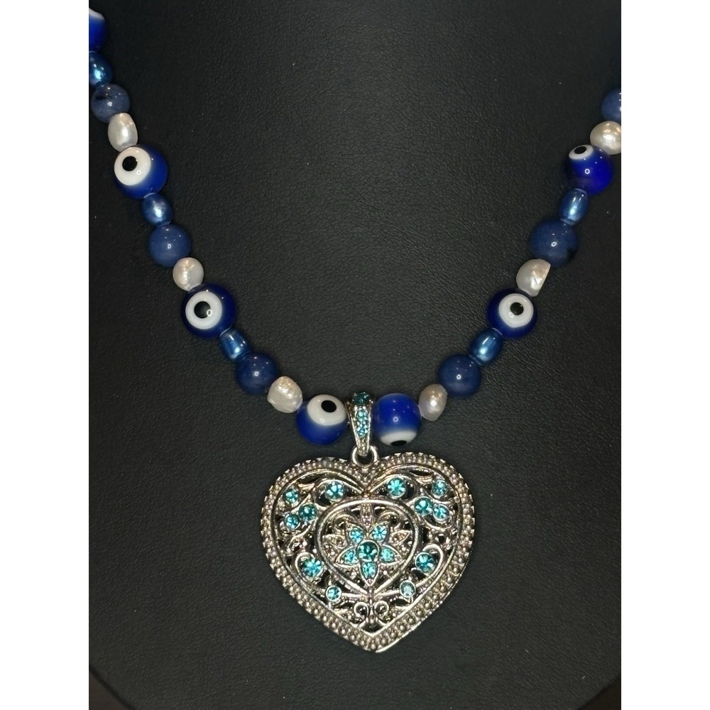 Evil Eye Bead Necklace Blue Dyed Quartz Rhinestone Heart Pendant 22"